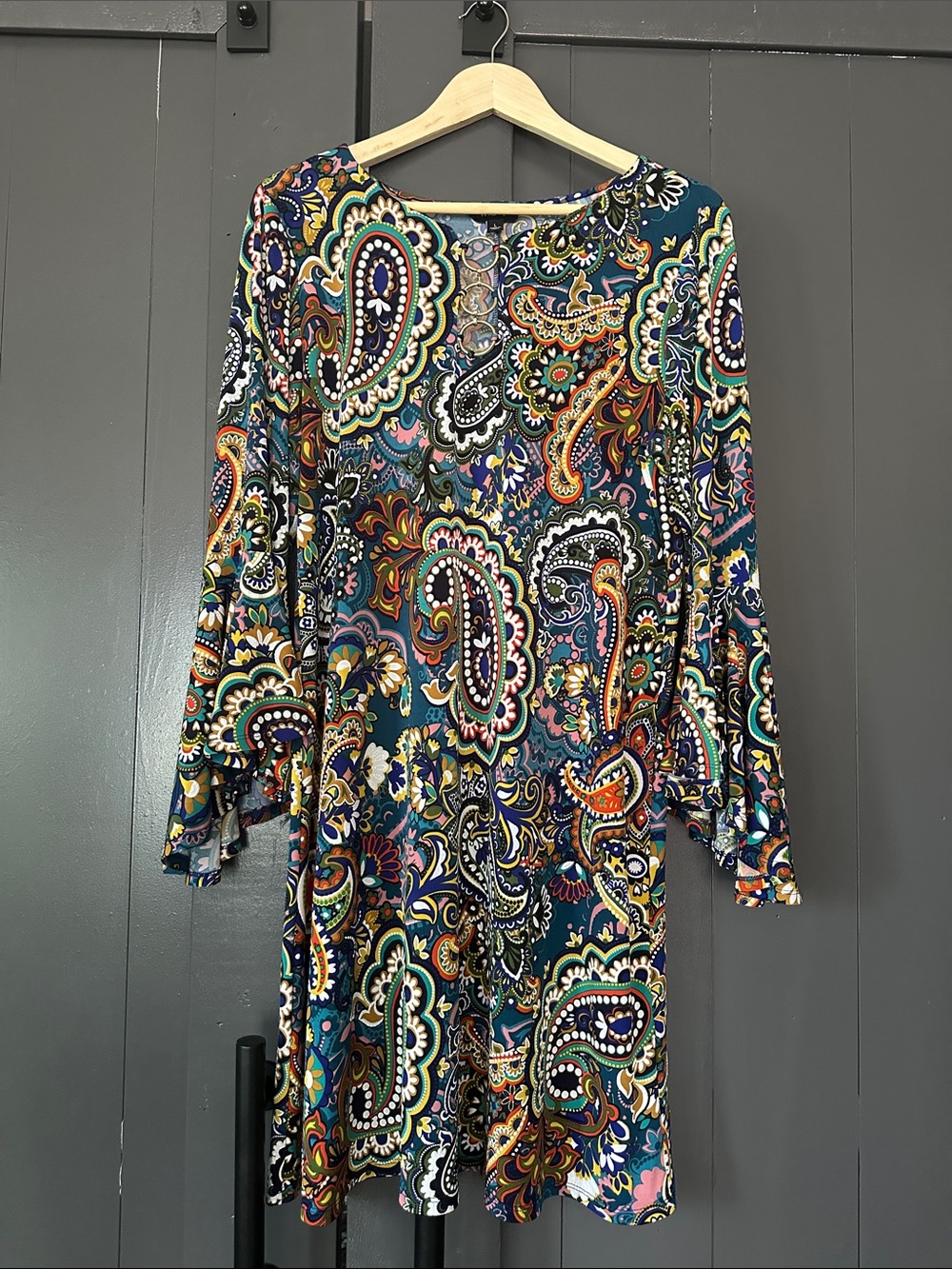 Women's Paisley Print Swing Dress with Teal, Blues, Black